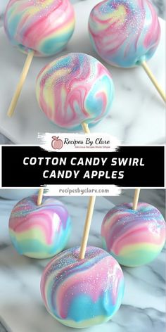 cotton candy swirl lollipops on a marble countertop with text overlay