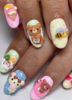 Cat Sticker Nails, Pikmin Nails, Korilakkuma Nails, Rilakkuma Nails, Monkey Nails, Cutesy Nails, Charm Nails, Kawaii Nail Art, Cute Tats