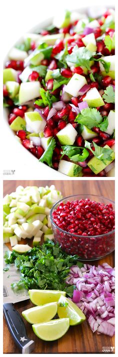 the ingredients for this pomegranate salad are neatly arranged and ready to be cut