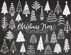 christmas trees drawn on a chalkboard in white and black colors with handwritten lettering