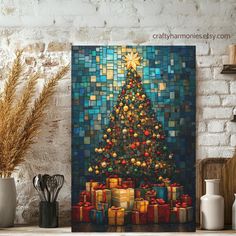 a christmas tree with presents under it on a shelf next to some vases and candles