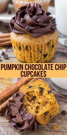 pumpkin chocolate chip cupcakes on a wooden table with cinnamon sticks and milk in the background