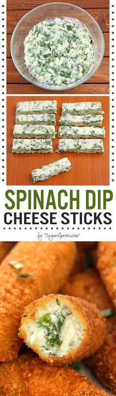 spinach dip cheese sticks on a plate with the words spinach dip cheese sticks