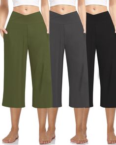 PRICES MAY VARY. MATERIAL:CAPRI PANTS FOR WOMEN STRETCH,made of polyester and spandex, like buttery soft & cozy touch for our skin friendly, 4-ways stretch, lightweight, casual summer yoga ladies capri pants REFINED QUALITY:3 Pack Women's Pants Casual Capri Pants,This palazzo Capris pants made from 90% Polyester, 10% Spande. Lightweight, soft fabric, breathable but non see-through FEATURE:CAPRI PAJAMA PANTS FOR WOMEN SOFT,slim fitted stretchy cross wrap waist & loose flowy bottom cut capris for Summer Yoga, Leg Yoga, Pocket Sweatpants, Womens Capri Pants, Soft Pajamas, Pants Loose, Yoga Capris, Pants Casual, Women Pants Casual