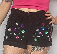 Do you need a little sparkle in your life? Boring, non-bedazzled jeans got you down? Get yourself a pair of Kitty-O's gemstone jorts, and live the life you deserve. These are BDG brand, size 28 highrise cuffed black jean shorts. Waist measures 28 inches. Bedazzled Jeans, Black Jean Shorts, Black Jean, Unique Gemstones, Black Denim Shorts, Do You Need, Black Denim, Washington Dc, Short Outfits