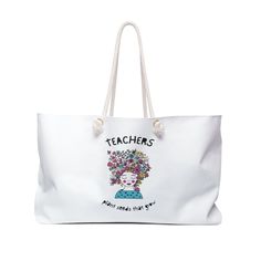 "Our oversized Tote is perfect for work , beach or a fun weekend away. The wide-mouthed, durable bag holds a generous amount of personal items and is easily held by its thick rope handles. .: One size: 24\" x13\" (60.9 cm x 33 cm) .: 100% Spun Polyester .: T-bottom .: Cream sheeting interior lining .: NB! Size tolerance 0.75\" (1.9 cm)) .: Assembled in the USA from globally sourced parts" Canvas Tote Weekender Bag For Beach, Casual Large Capacity Weekender Bag For Vacation, Rectangular Canvas Weekender Bag For Vacation, Casual White Rectangular Weekender Bag, White Vacation Weekender Tote Bag, Trendy Large Capacity Weekender Bag For Vacation, White Canvas Beach Bag With Handles, Casual White Weekender Bag For Beach, Large Capacity White Weekender Bag For Beach