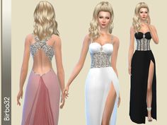 three different types of dresses with high slits