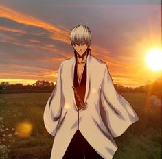 an anime character standing in the grass at sunset