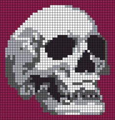 a cross stitch skull is shown on a red background