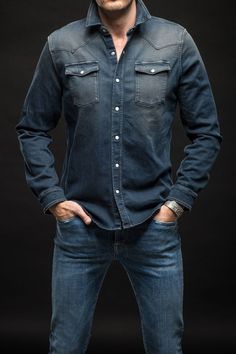 Roper Western Snap Shirt in Anthracite - AXEL'S Western Style Dark Wash Denim Shirt, Washed Black Long Sleeve Denim Shirt, Western Denim Shirt With Button Closure, Western Denim Shirt Men, Western Style Dark Wash Button-up Shirt, Wrangler Denim Shirt, Western Inspiration, Leather Outerwear, Selvedge Denim