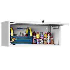 an open cabinet with many different items in it