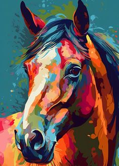 a painting of a horse on a blue background