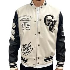 100% Authentic New With Tag / More Sizes Available. Please Message Me And Will Create A Link. 100% Authentic Avenue George V Paris Varsity Patchwork Jacket , Leather Sleeve Very Warm Jacket. It Can Be Used As Unisex As Well . Snap Closure Please Note This Is A Fitted Brand. Please Make Sure To Order The Correct Size , Or A Size Up. Color: Ivory With Black Sleeve Size: Large Style: Gv-5001 Wool Melton Fabric Embroidery With Rhinestone Fabric Type: Cashmere Fabric Fabric Content: 90% Polyester 10% Luxury White Streetwear Outerwear, Luxury White Outerwear For Streetwear, Cream Long Sleeve Varsity Jacket For Fall, White Varsity Jacket For Winter Workwear, Trendy Cream Outerwear For Streetwear, Cream Outerwear For College In Fall, Fall Cream Outerwear For College, Cream Fall Outerwear For College, Designer Cream Outerwear For Fall