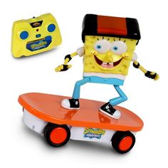 the spongebob toy is riding on a skateboard