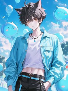 an anime character is standing in front of some blue balls and clouds with one cat's head on his shoulder