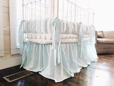 Seaglass | Farmhouse Crib Bedding Set Farmhouse Crib, Crib Sets For Boys, Farmhouse Cribs, Pastel Nursery Decor, Farmhouse Nursery Decor, Aqua Bedding, Crib Liners, Blue Crib, Crib Bumpers