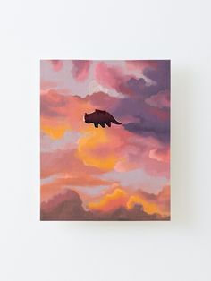 a painting of a bear flying through the sky at sunset with clouds in the background