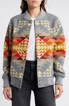 Pendleton Wool Blend Jacquard Bomber Jacket | Nordstrom Pendleton Jacket Outfit, Pendleton Jacket, Wool Coat Women, Baby Fabric, Long Sleeve Outerwear, Pendleton Wool, Wool Shirt, Wool Blend Jacket, Women's Jackets