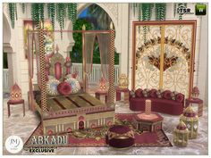 an elaborately decorated bedroom with red and gold furniture