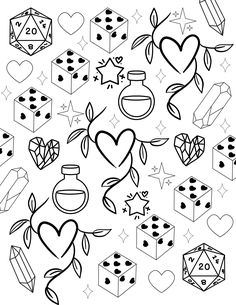 dices and hearts are drawn in black ink on a white background, with stars