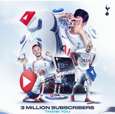 three soccer players are posing in front of a large poster with the words 3 million subcribers thank you