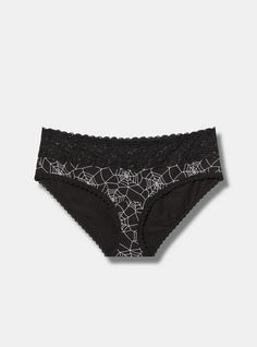 FIT Mid rise. Medium coverage. MATERIALS + CARE Cotton-blend knit fabric. 95% cotton, 5% spandex. Machine wash cold. Dry flat. Imported. DETAILS Scalloped wide lace waistband. The best plus size women's cotton mid-rise hipster panty panties in spiderwebs black made of cottonspan. Rock your look from Torrid to Festivals like Coachella and Lollapalooza, a concert, a show, or just for fun! Torrid is your destination for cozy fall and winter clothes to keep you warm and comfortable. Cotton Briefs With Wide Waistband, Elastic Cotton Bottoms For Fall, Fitted Cotton Brief Bottoms, Fitted Cotton Briefs, Fitted Seamless Cotton Bottoms, Black Seamless Cotton Bottoms, Black Elastic Cotton Bottoms, Stretch Cotton Brief Bottoms, Elastic Seamless Cotton Bottoms