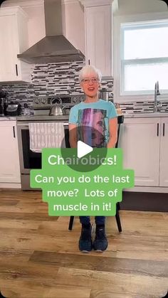 an elderly woman sitting in a chair with the caption'can you do the last move? lots of muscle in it '