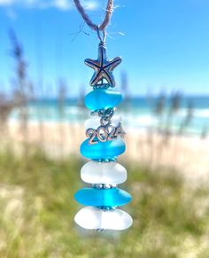 a starfish ornament hanging from a tree on the beach