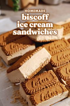 homemade biscoff ice cream sandwiches on a cutting board with text overlay that reads homemade biscoff ice cream sandwiches