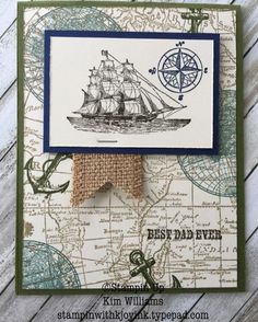 a card with a ship and compass on it