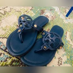 Brand New, Navy Blue Thong Sandals With Gold Hardware. Very Cute But Run Small. These Say 43, But I Am A True Size 11 And These Could Fit 9-10 Perfectly. Navy Blue Sandals, Blue Sandals, Women Sandals, Thong Sandals, Women's Shoes Sandals, Gold Hardware, Womens Sandals, Shoes Sandals, Navy Blue