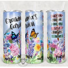 two personalized tumbles with butterflies and flowers on them, one is for grandma's garden