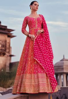 Embroidered Georgette Abaya Style Suit in Pink and Orange Heavy Anarkali Suits Wedding, Heavy Anarkali Dress, Pink And Orange Lehenga, Baat Pakki, Bridal Anarkali, Heavy Lehenga, Georgette Anarkali, Gown With Dupatta, Designer Anarkali Suits