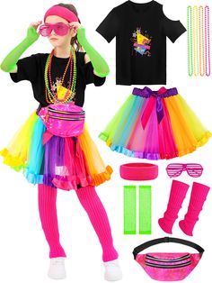 PRICES MAY VARY. Abundant accessories: comes with 13 pieces of kid's 80s cosplay costume accessories, including 1 girls' 80s T-shirt, 1 tutu skirt, 1 pair of fingerless fishing net gloves(2 pieces), 1 pair of leg warmers(2 pieces), 1 headband, 1 sunglasses, 1 laser fanny bags and 4 necklaces, rich and complete accessories for girls 80s theme retro party Fashionable style: every item in this girl's 80s cosplay accessories set are mainly in rainbow color design, bright and adorable, making the lit 80s Costume Women, 80s Cosplay, 70s Ideas, 80s Outfits Women, 80s Accessories, Kids Cheering, Fishnet Gloves, Baby Costumes Girl, 80s Costume