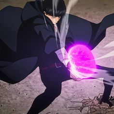 an anime character holding a glowing ball in his right hand while standing on the ground