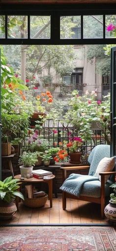 a living room filled with lots of potted plants next to an open glass door