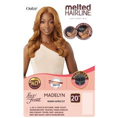 Outre Melted Hairline Glueless HD Lace Front Wig - MADELYN SHOWN COLOR: WRAPR, DRST2/RSBRN, DRSTRDVVBRAND: OutreTYPE: Lace Front WigSTYLE: WavyMATERIAL: Synthetic Hair LENGTH: LongHEAT RESISTANT: YesDYE/BLEACH/PERM:DESCRIPTION : Soft HD Transparent Lace Wig Completely Pre-Plucked Hairline and Sideburns Pre-Attached Wide Elastic Band for a Secure Fit Natural Baby Hairs Redesigned Comfort Fit Ear Contour Glueless High Tex Safe Up to 400F Frontal Effect Hairline Long Wavy Style Wavy Style, Chocolate Swirl, Rosé Brown, Beauty Design, Synthetic Lace Front Wigs, Hd Lace, Natural Baby, Lace Fashion, Lace Frontal