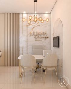 an elegant dining room with marble walls and white chairs