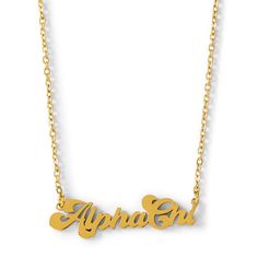 the gold name necklace is shown on a chain with an inscription that reads, aphroa