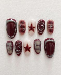 Gel Nail Star Designs, Fall Grunge Nails, Red Stars Aesthetic, Colorful Star Nails, Star Nails Aesthetic, Color Palette Nails, Palette Nails, Red Star Nails, Lamp Nails