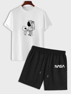 Astronaut Pattern T Shirt And Letter Shorts Set - Grafton Collection Graphic Print Cotton Shorts For Leisure, Casual Short Cotton T-shirt, Relaxed Fit Graphic Print Short T-shirt, Relaxed Fit Graphic Print T-shirt, Relaxed Fit Graphic T-shirt, Relaxed Fit T-shirt With Graphic Print, Pattern T Shirt, Plus Swimwear, Set Style