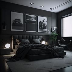 a bedroom with black walls and pictures on the wall