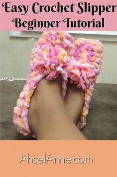 the crochet slipper is shown with text overlay