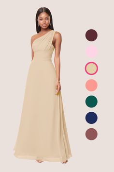 a woman in a long dress standing next to color swatches and the image shows different colors