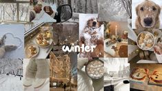 a collage of pictures with snow, food and people in winter clothing on them