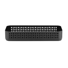 a black plastic tray with holes on the side and white dots in the middle,