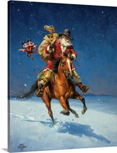 a painting of santa claus riding a horse in the snow