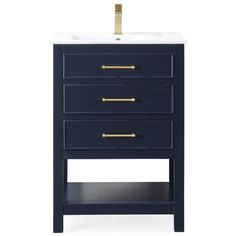 a blue vanity with two drawers and a gold faucet on the top, in front of a white background