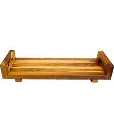 a wooden tray with two legs and one foot resting on the bottom, against a white background