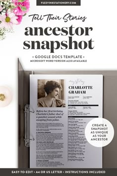 an image of a newspaper with flowers on the side and text that reads,'tell them stories ancestor snapshot google docs template microsoft word version also available